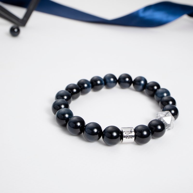 起点设计款 | 蓝虎眼 | 多边形黑发晶 | 天然能量手串 - 手链/手环 - 水晶 蓝色