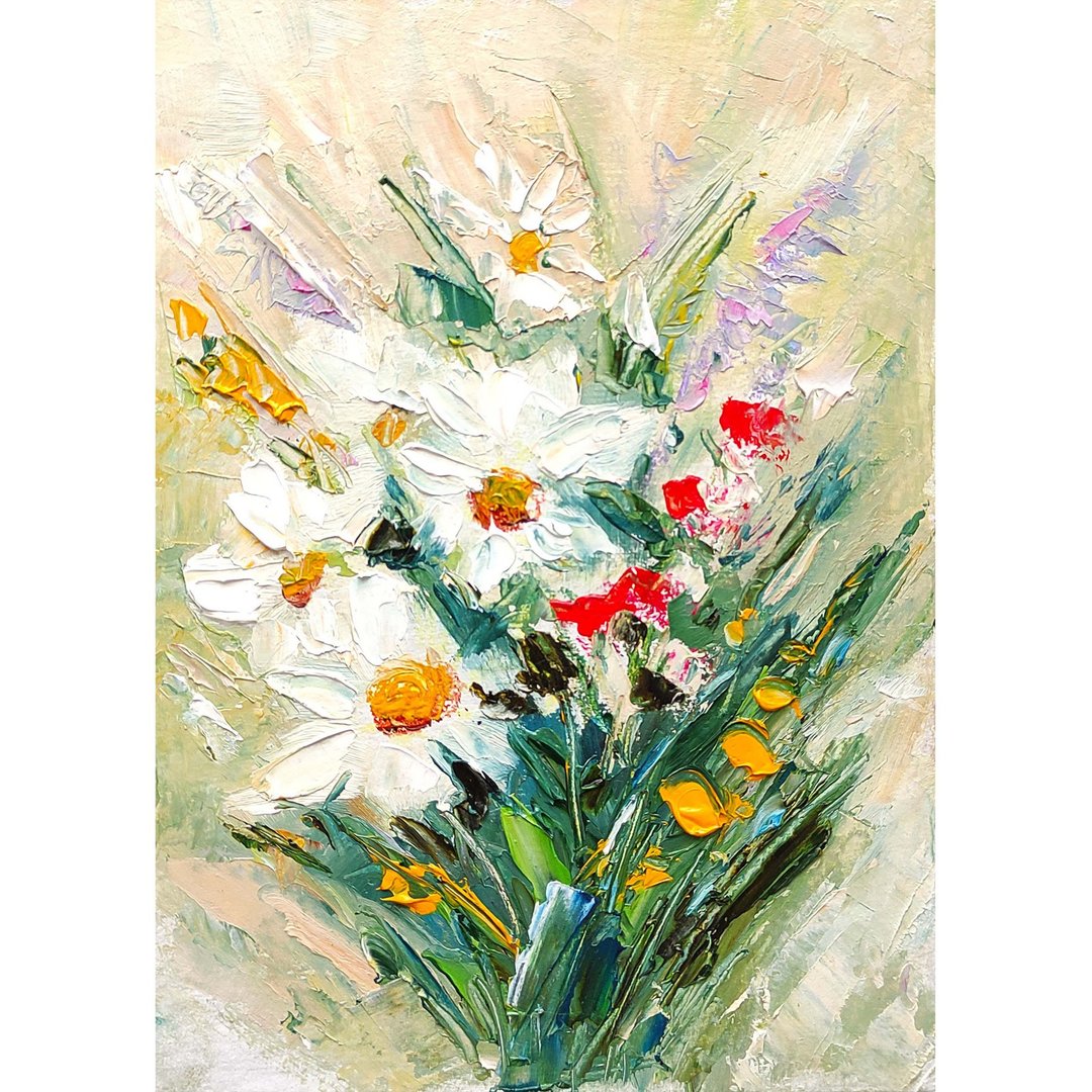 雏菊花束原创绘画花卉艺术花卉厚涂艺术品手工油画，油画原作 - 海报/装饰画/版画 - 其他材质 多色