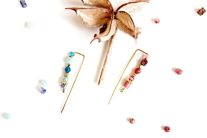 【UNA-优娜手作】女人的气息 - 铜耳挂式 黄铜 定制化 天然宝石 - 耳环/耳夹 - 宝石 多色