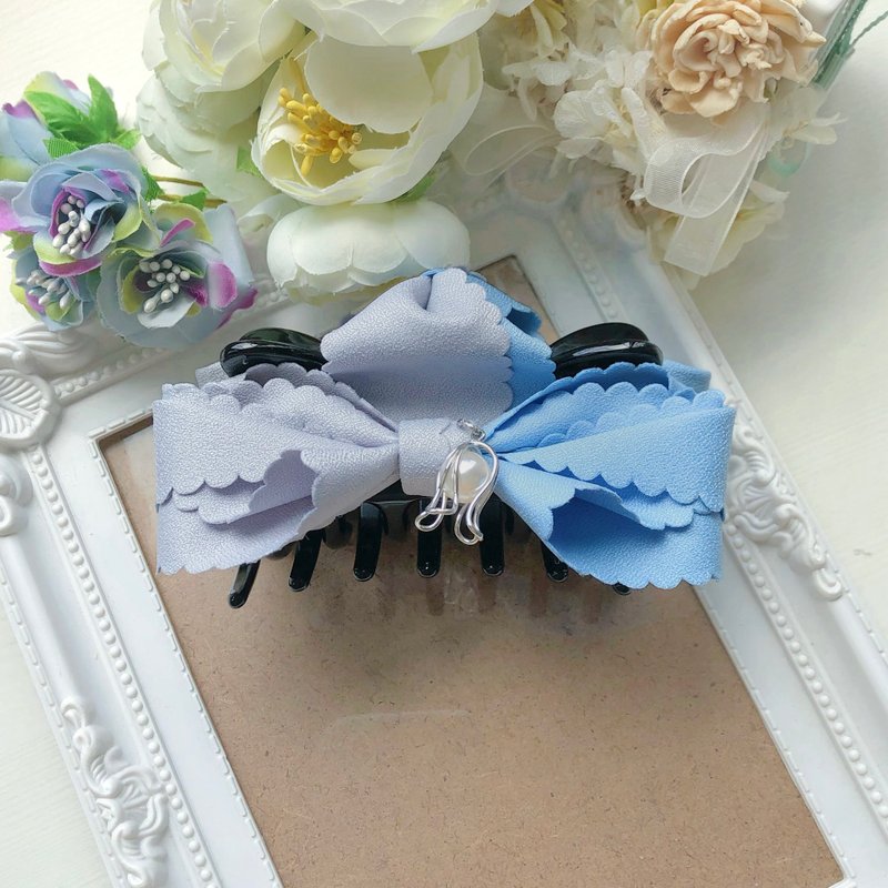 花边拼色蝴蝶结大抓夹鲨鱼夹-蓝+浅灰 - 发饰 - 其他材质 蓝色