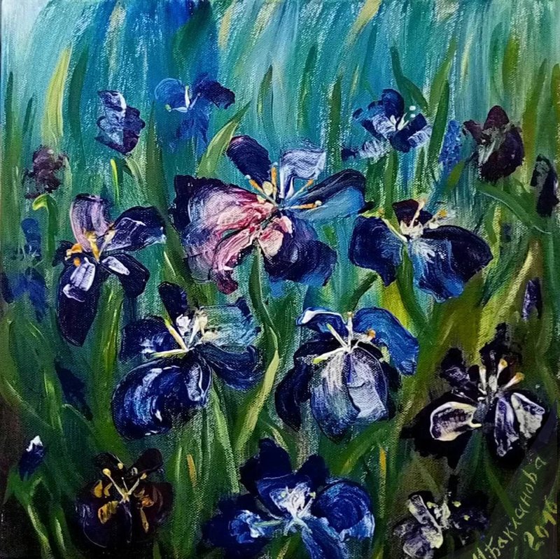 绿草中的蓝色鸢尾花 棉质伸展画布上的原创丙烯画 - 墙贴/壁贴 - 其他材质 蓝色
