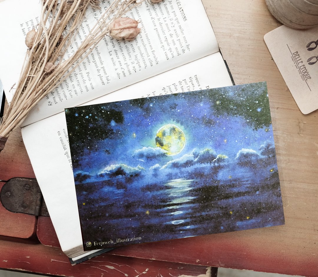 月光海洋・摘得星辰满袖行・水彩手绘明信片 - 卡片/明信片 - 纸 蓝色