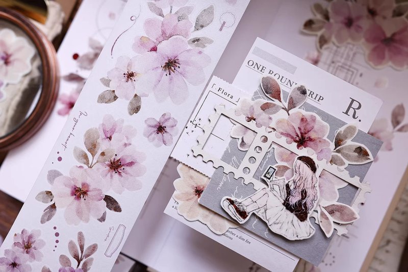 粉雾花笺   轻复古水墨花卉和纸PET切模手帐胶带 - 纸胶带 - 纸 多色