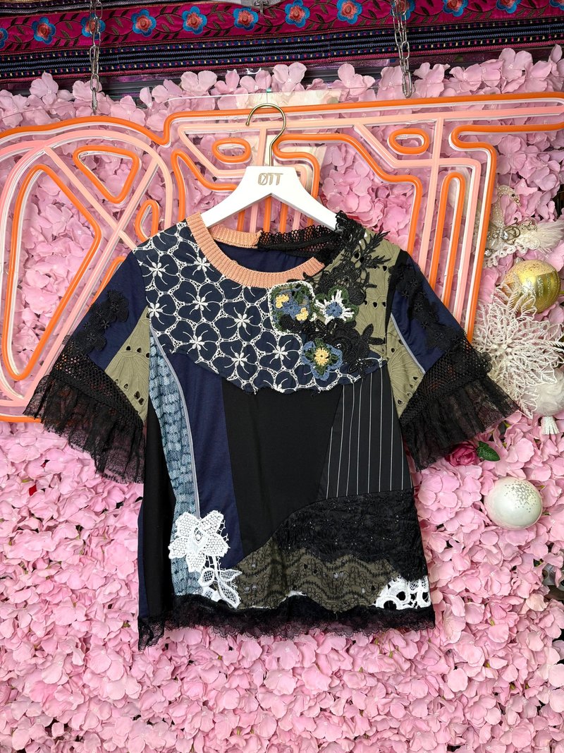 OTT独一无二•Unique日系手勾手编刺绣蕾丝拼接上衣 - 女装 T 恤 - 棉．麻 蓝色