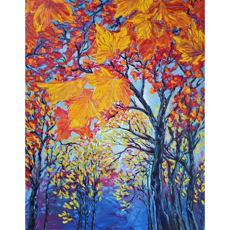 Fall Tree Painting Forest Original Art Autumn Wall Art Impasto Oil Painting - 海报/装饰画/版画 - 其他材质 多色