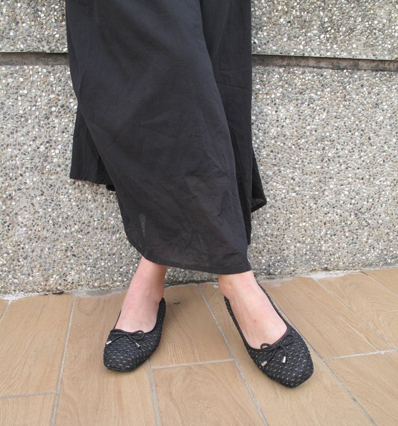 MIT【牛仔布蝴蝶结平底鞋-黑】软底鞋 休闲鞋 不脱胶 - 女款休闲鞋 - 其他人造纤维 黑色