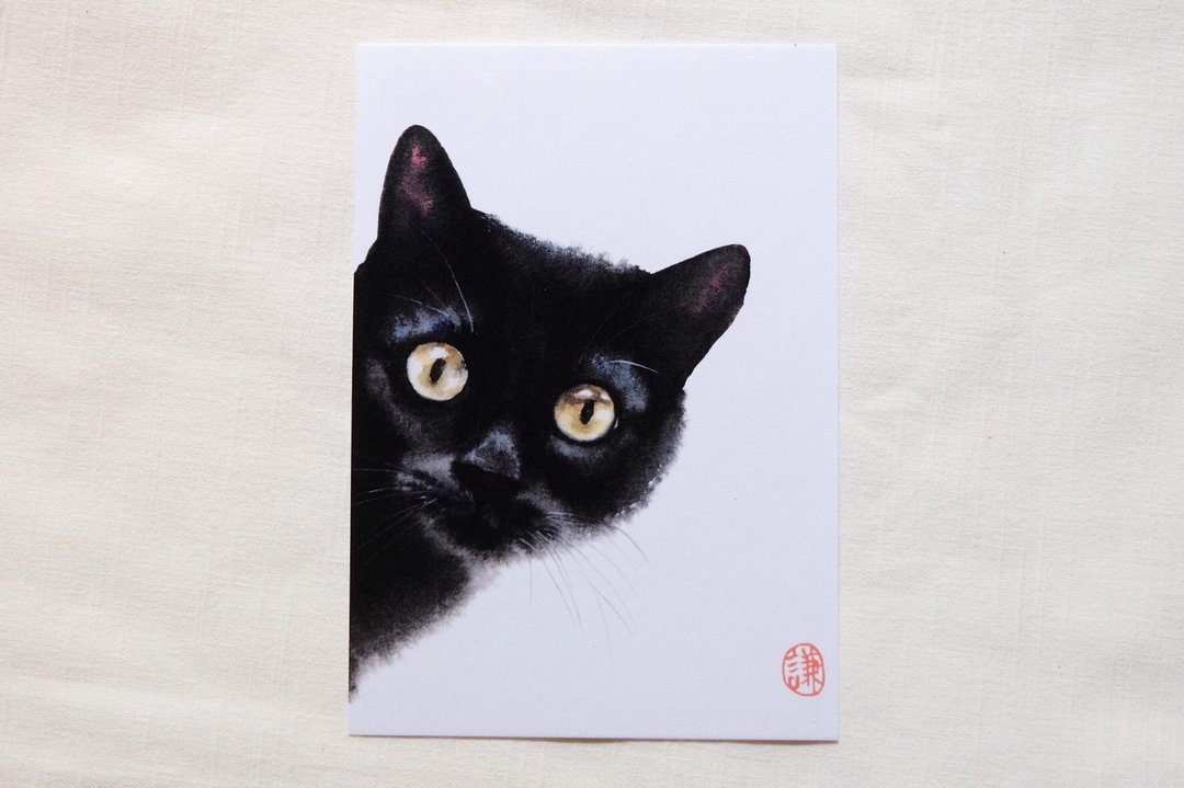 躲猫猫∣黑猫 猫咪明信片 - 卡片/明信片 - 纸 黑色