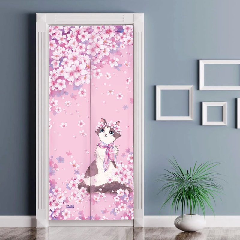 帆布 长门帘 | 居家布置 | 水洗不褪色 - 樱花 • 美人猫 - 门帘/门牌 - 棉．麻 粉红色