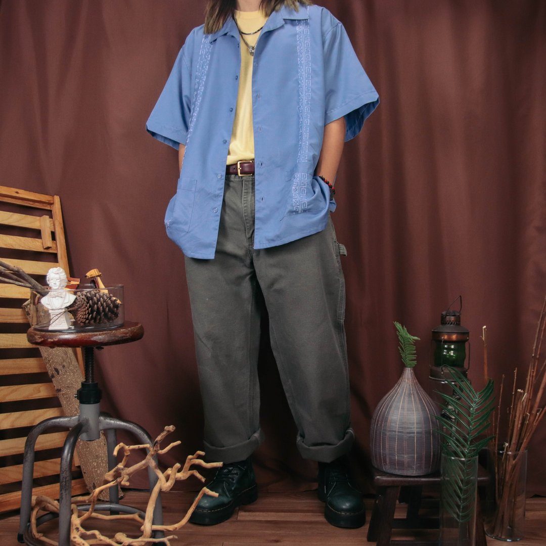 古巴衬衫007深蓝色,刺绣 古巴领 Guayabera【Tsubasa.Y古着屋】 - 男装衬衫 - 棉 蓝色