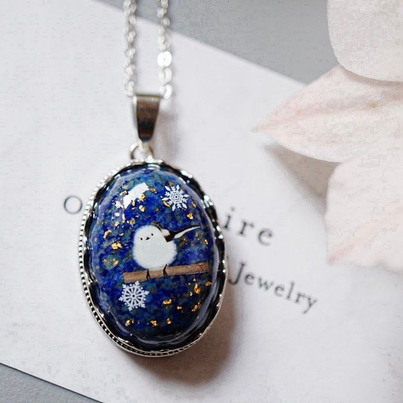 项链 天然青金石与白眉林莺、金箔项链 吊坠 - 项链 - 石头 蓝色