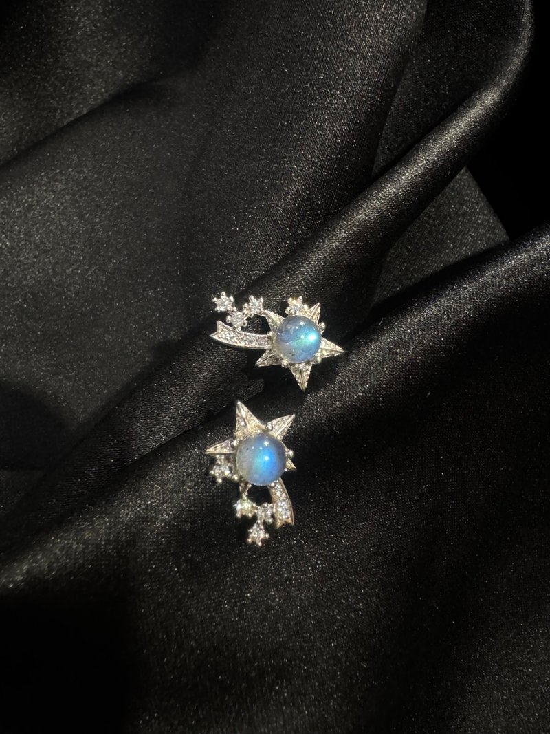 S925纯银 星星 耳环 拉长石 耳环 耳针 光谱石 耳环 - 耳环/耳夹 - 半宝石 蓝色