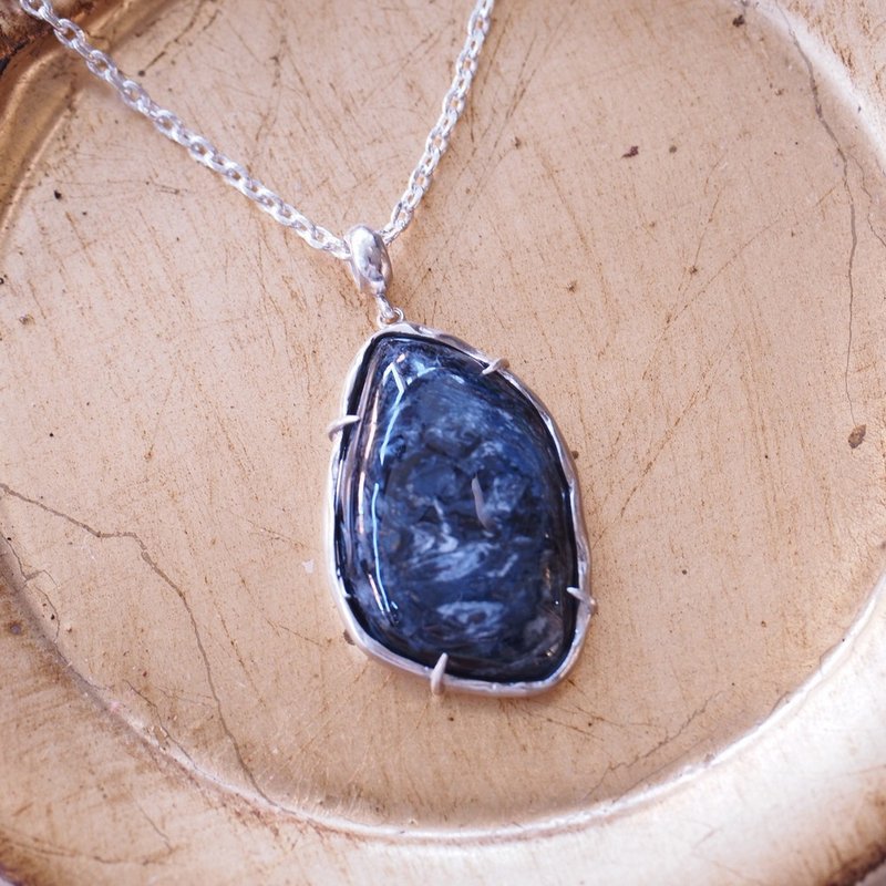 大颗 彼得石 Pietersite 风暴石 金丝碧玉 手工项链 含银链 - 项链 - 半宝石 蓝色