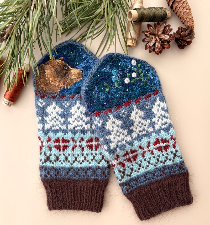 手工编织刺绣手套 - 手套 - 羊毛 多色