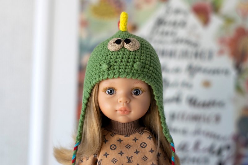 Dinosaur hat for doll Paola Reina, Siblies, Little Darling, animals hat, 针织帽 - 玩具/玩偶 - 棉 绿色