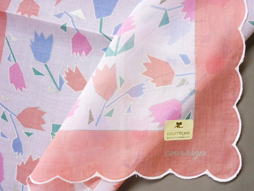 Courreges Vintage Handkerchief Floral Pocket Square Men 17.5 x 17  inches - 手帕/方巾 - 棉 粉红色