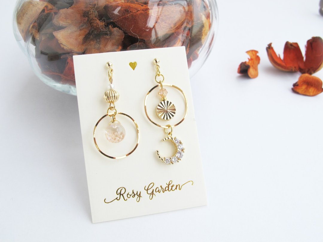 Rosy Garden 太阳和月亮 希腊神话不对称流沙水晶球耳环 可换耳夹 - 耳环/耳夹 - 玻璃 橘色