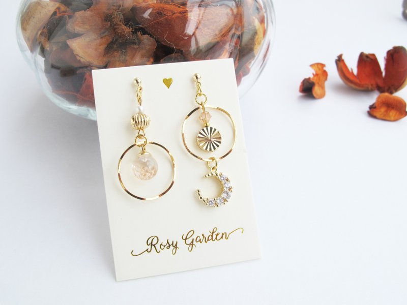 Rosy Garden 太阳和月亮 希腊神话不对称流沙水晶球耳环 可换耳夹 - 耳环/耳夹 - 玻璃 橘色