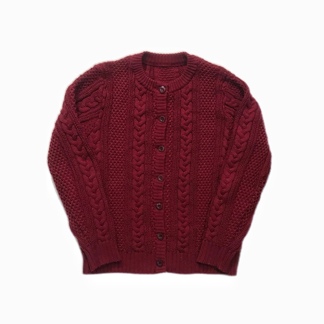 Vintage Aran Cardigan Sweater  酒红开襟毛衣 - 女装针织衫/毛衣 - 其他材质 红色