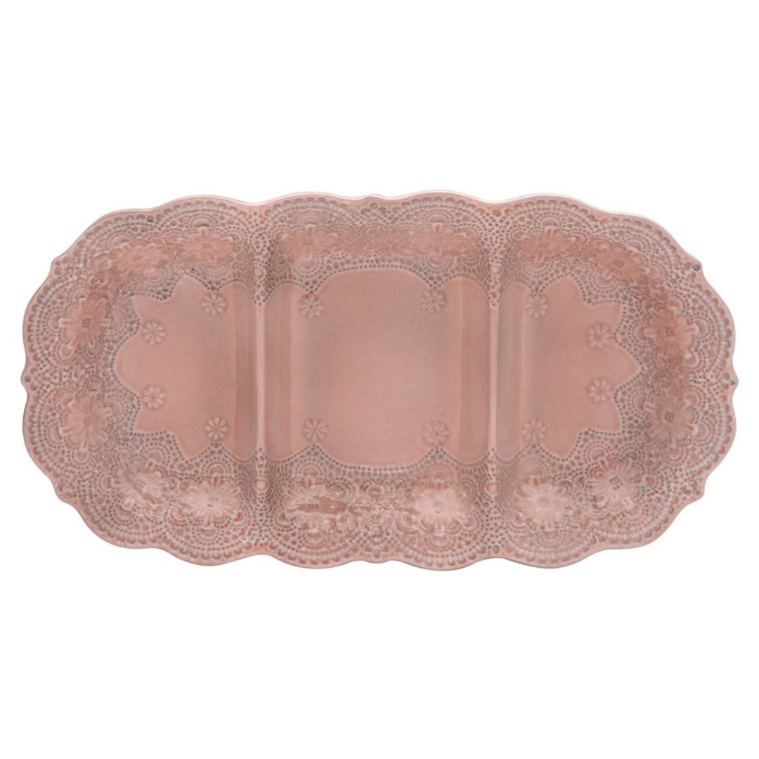 意大利VBC casa-手工浮雕蕾丝系列 40x22cm三格点心盘(粉红色) - 盘子/餐盘/盘架 - 陶 粉红色