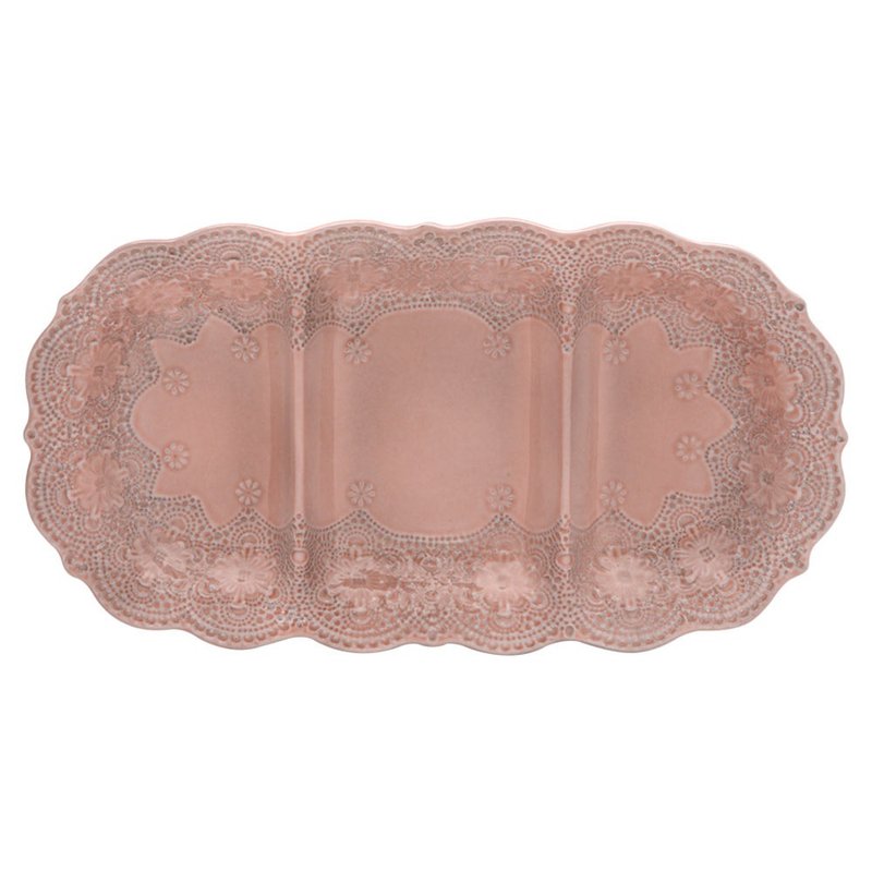 意大利VBC casa-手工浮雕蕾丝系列 40x22cm三格点心盘(粉红色) - 盘子/餐盘/盘架 - 陶 粉红色