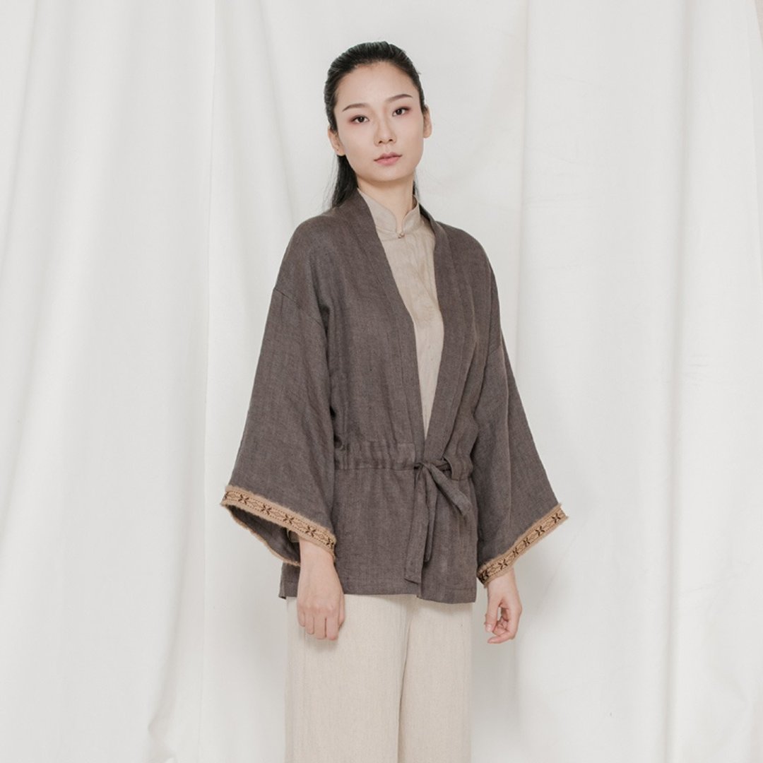 不服 中性人字紋軟亞麻拼色開衫 外套 民族風道服 外套  O171111 - 女装休闲/机能外套 - 棉 咖啡色