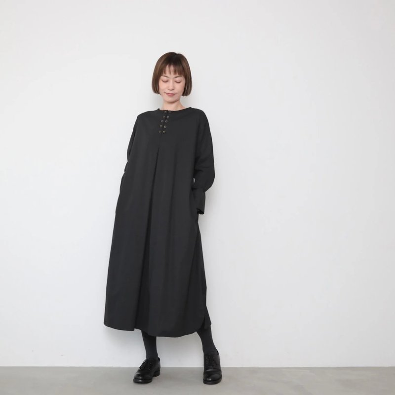 OMAKE.jp 双排扣衬衫洋装 KaihaOnepiece 黑 - 洋装/连衣裙 - 棉．麻 黑色