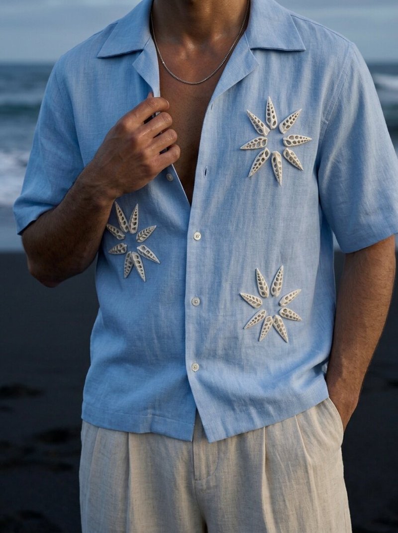 LA ISLAND  职人手作 贝壳刺绣 亚麻古巴领衬衫 - 男装衬衫 - 亚麻 蓝色