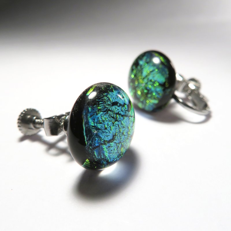 窑烧珠宝琉璃 / 极光 (不锈钢耳夹) - 耳环/耳夹 - 玻璃 金色