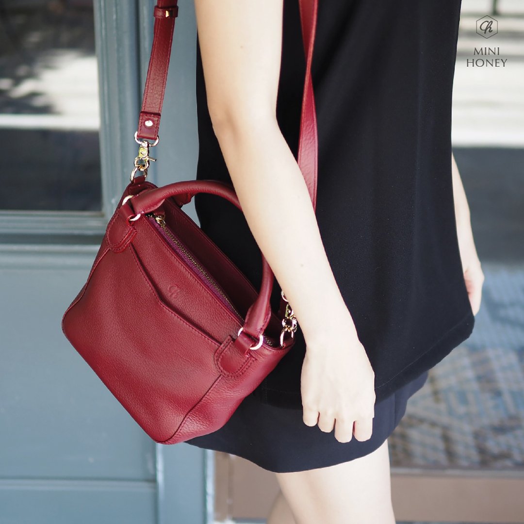 Mini honey (Burgundy) : Mini tote bag, Crossbody bag, Cow leather, Dark red - 手提包/手提袋 - 真皮 红色