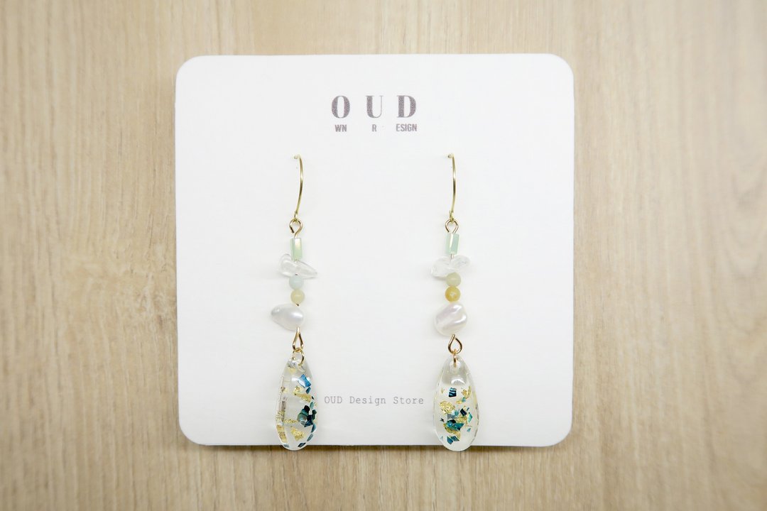 OUD原创-手工饰品14K包金长/短款白水晶-巴洛克珍珠-翠绿金箔耳环 - 耳环/耳夹 - 珍珠 白色