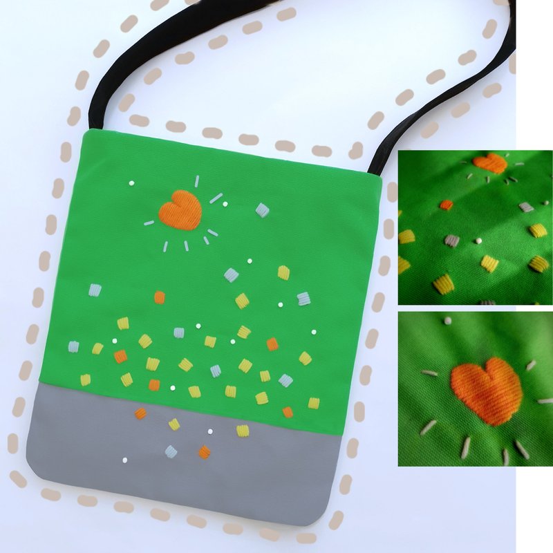 手工刺绣可爱的手工手提包，14 盎司帆布包，可爱时尚的设计，尺寸 12x14 英寸。 - 手提包/手提袋 - 其他材质 绿色