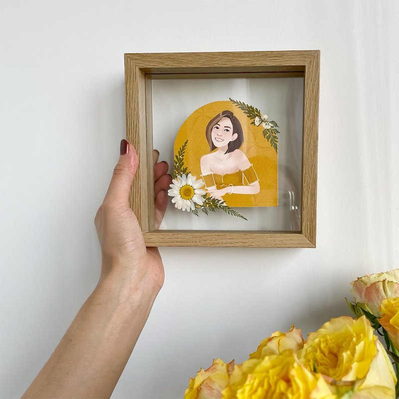 Manyu 似颜绘 人像宠物 干燥花 插画订制 玻璃透明像框17x17cm - 画框/相框 - 玻璃 橘色