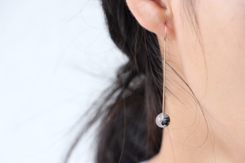 Tourmaline Quartz Round Earrings - 耳环/耳夹 - 宝石 黑色
