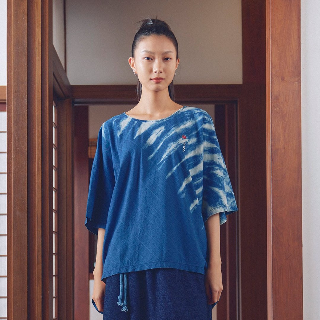 江户胜 日系 女装 宽版半扎染上衣(中古蓝) #上衣#扎染 - 女装上衣 - 棉 蓝色