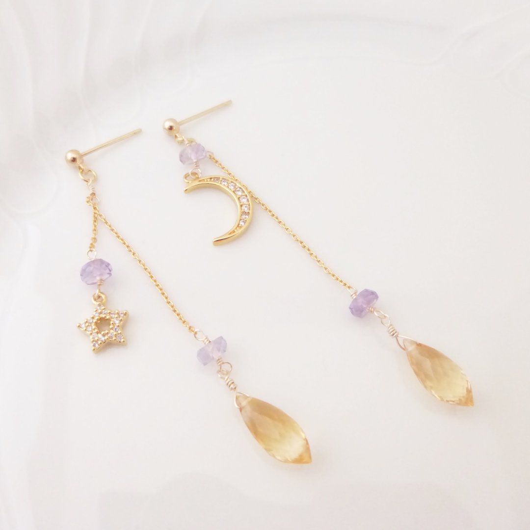 Moonlight night pierced earrings of citrine and pink amethyst - 耳环/耳夹 - 半宝石 黄色