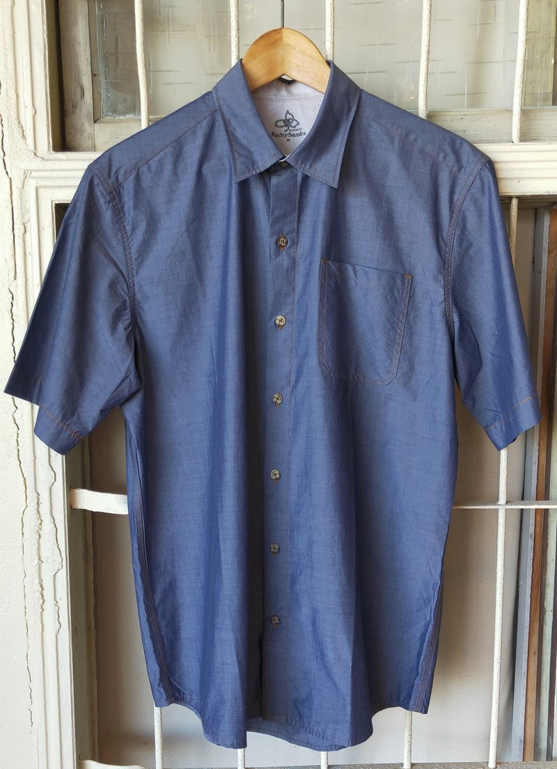 丹宁 纯棉 休闲 短袖衬衫 - 男装衬衫 - 棉．麻 蓝色