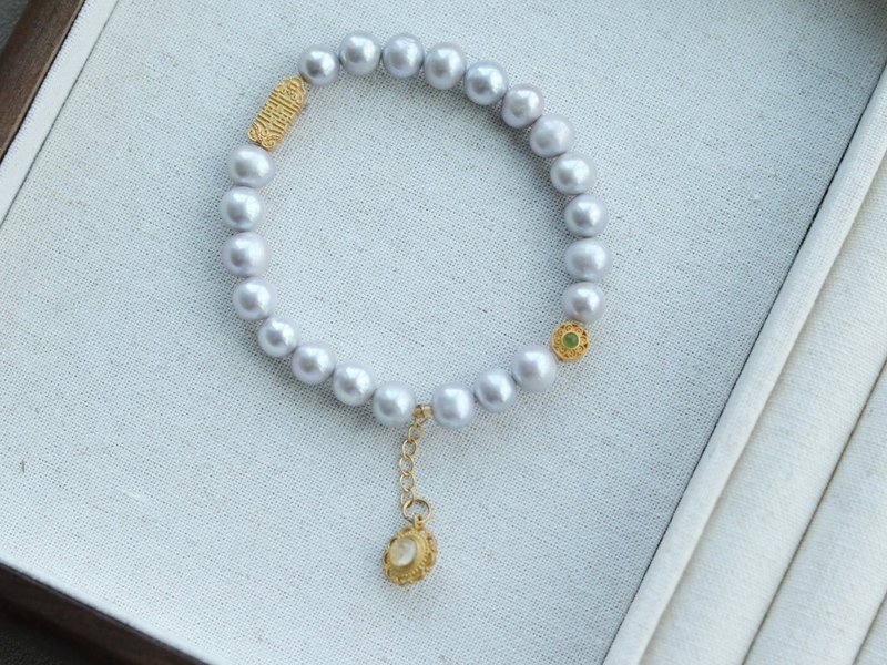 7mm天然原色无加色淡水珍珠 银如意锁银双喜碧玉设计单圈手串s - 手链/手环 - 木头 白色