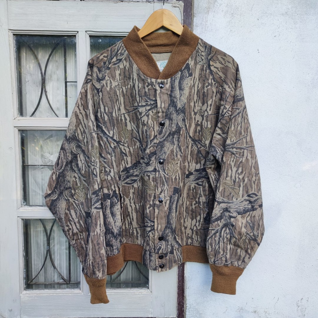 90 年代复古 Mossy Oak Real Tree 迷彩飞行员夹克 - 男装外套 - 棉 咖啡色