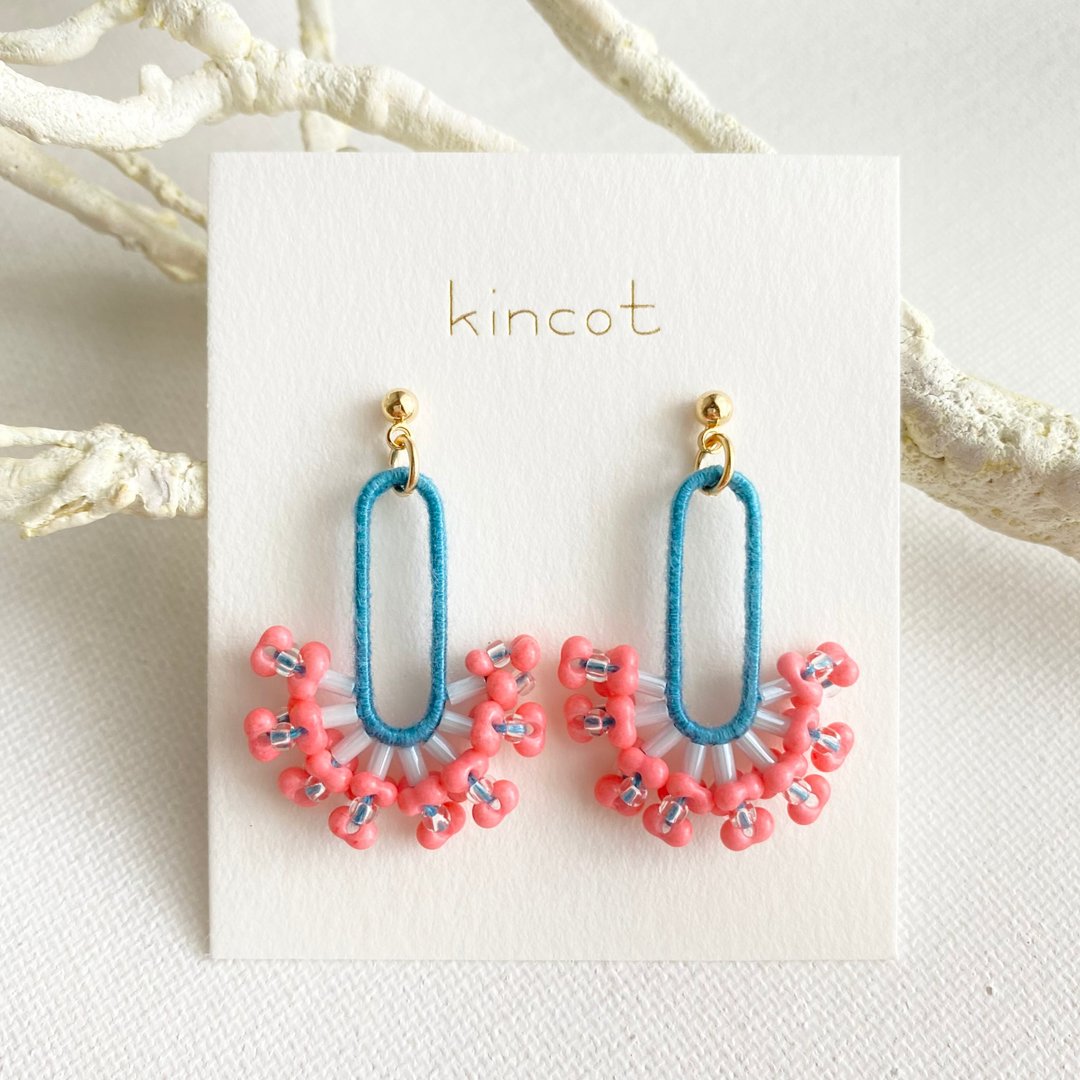 Coral earrings Clip-On[blue green x pink] - 耳环/耳夹 - 棉 粉红色