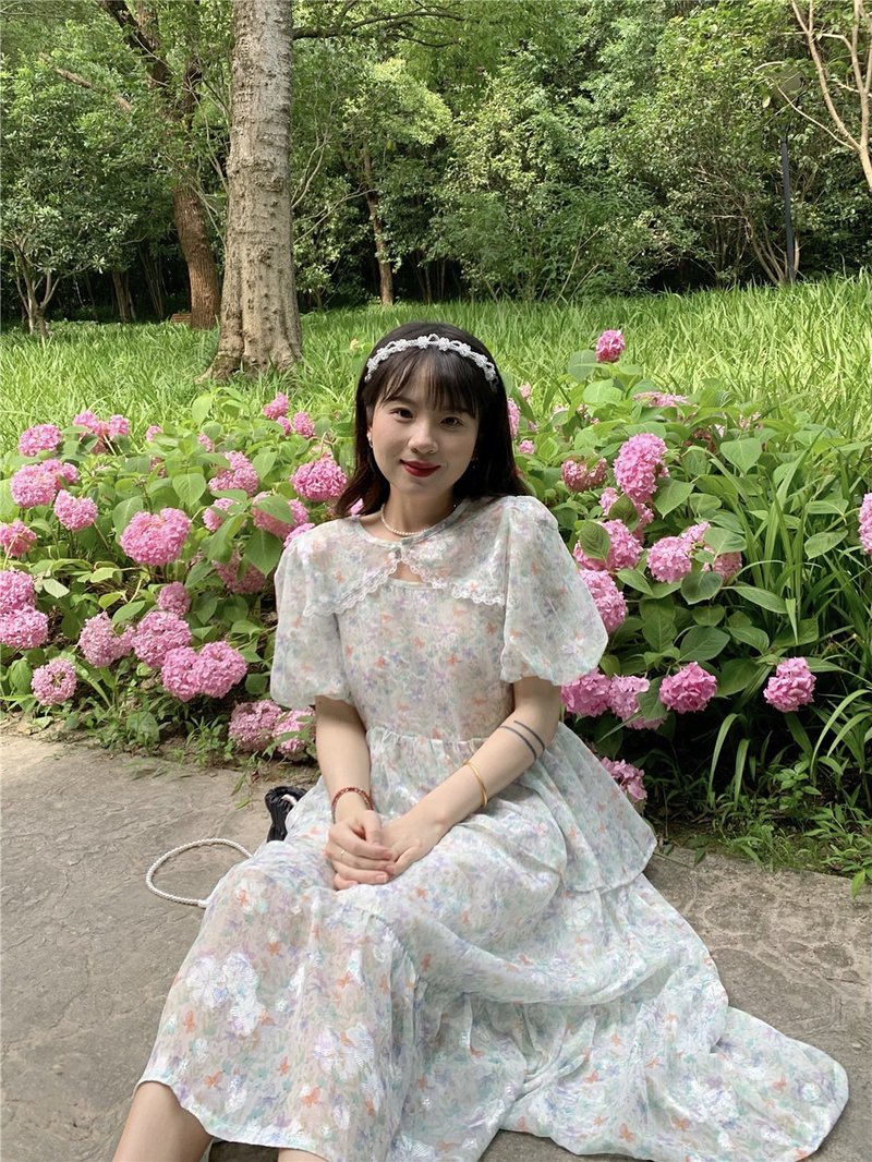 两件套连衣裙蝴蝶印花蕾丝泡泡袖仙女轻薄雪纺夏 - 洋装/连衣裙 - 其他材质 绿色