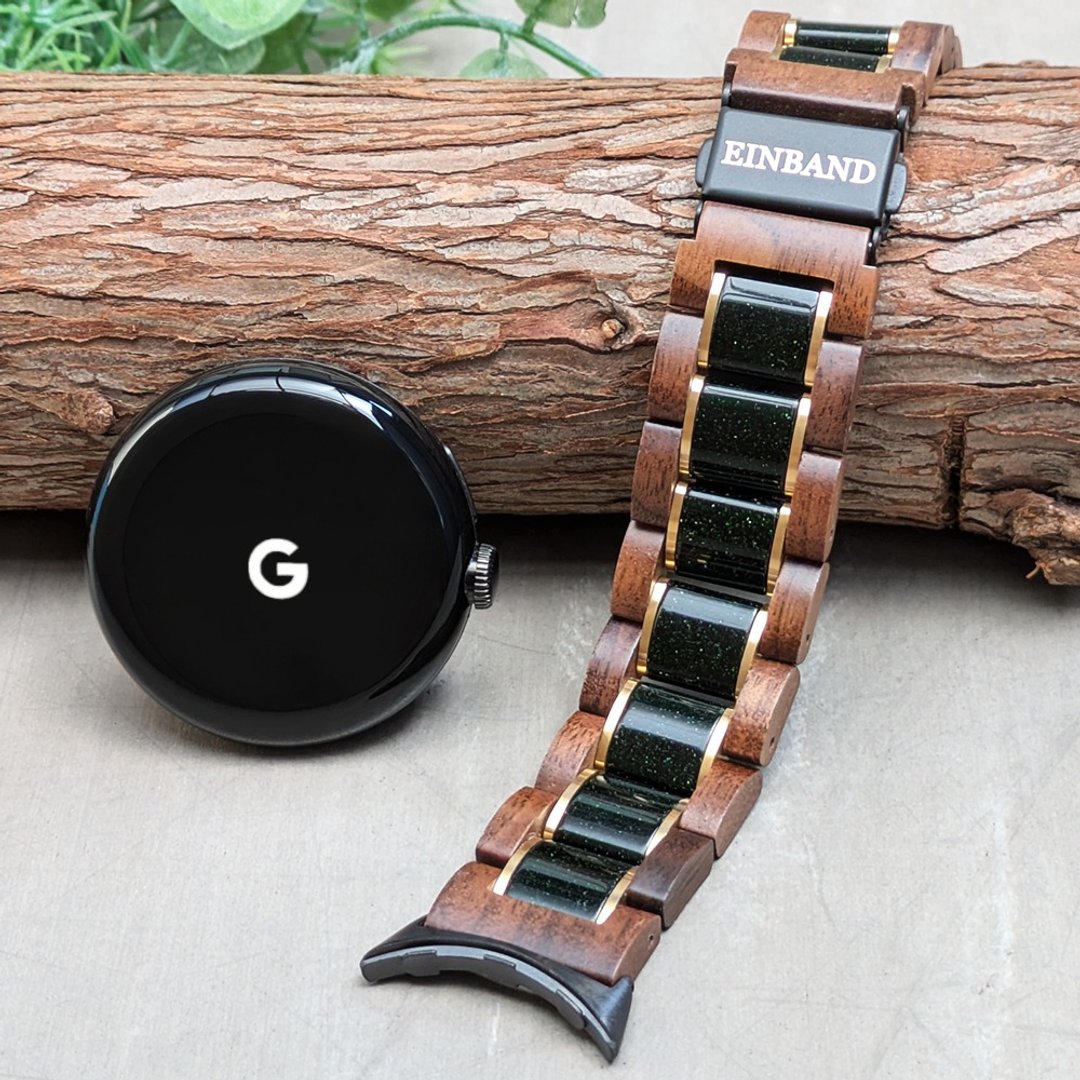 【原木表带】Google Pixel Watch 天然原木表带 绿砂石 × 胡桃木 - 女表 - 木头 黑色
