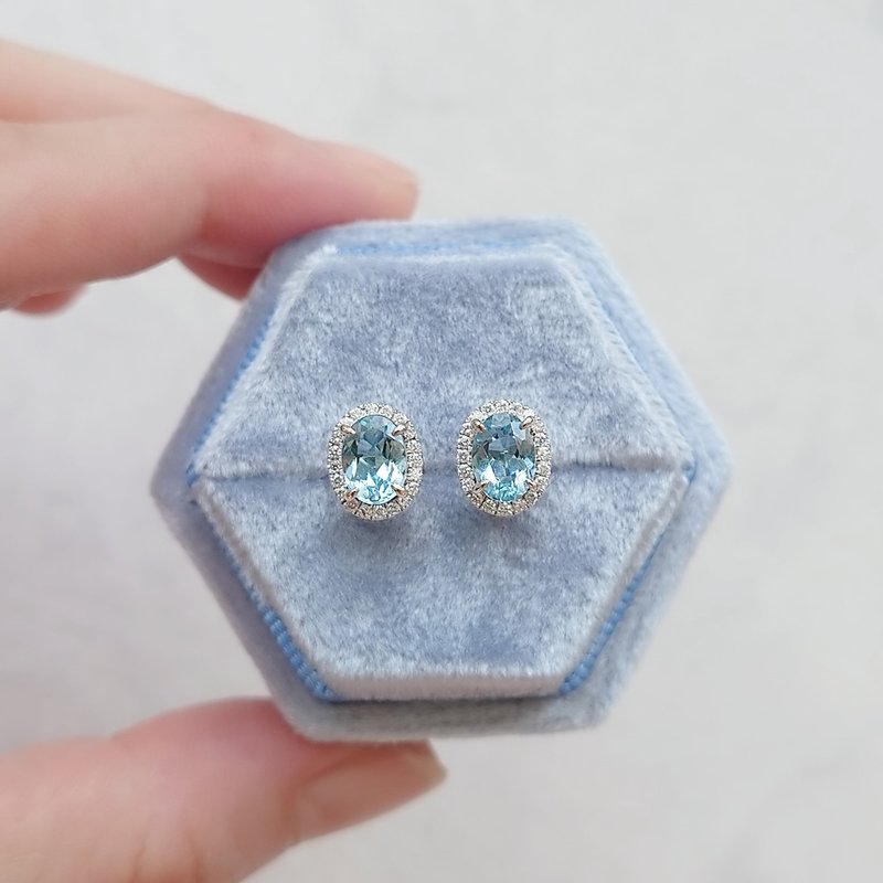 限量现货 - 天然海蓝宝海水蓝宝 镶钻 18K 白金耳钉 华丽分量感 - 耳环/耳夹 - 宝石 蓝色