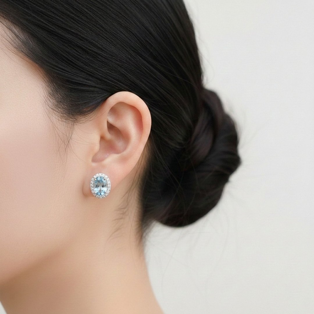 限量现货 - 天然海蓝宝海水蓝宝 镶钻 18K 白金耳钉 华丽分量感 - 耳环/耳夹 - 宝石 蓝色