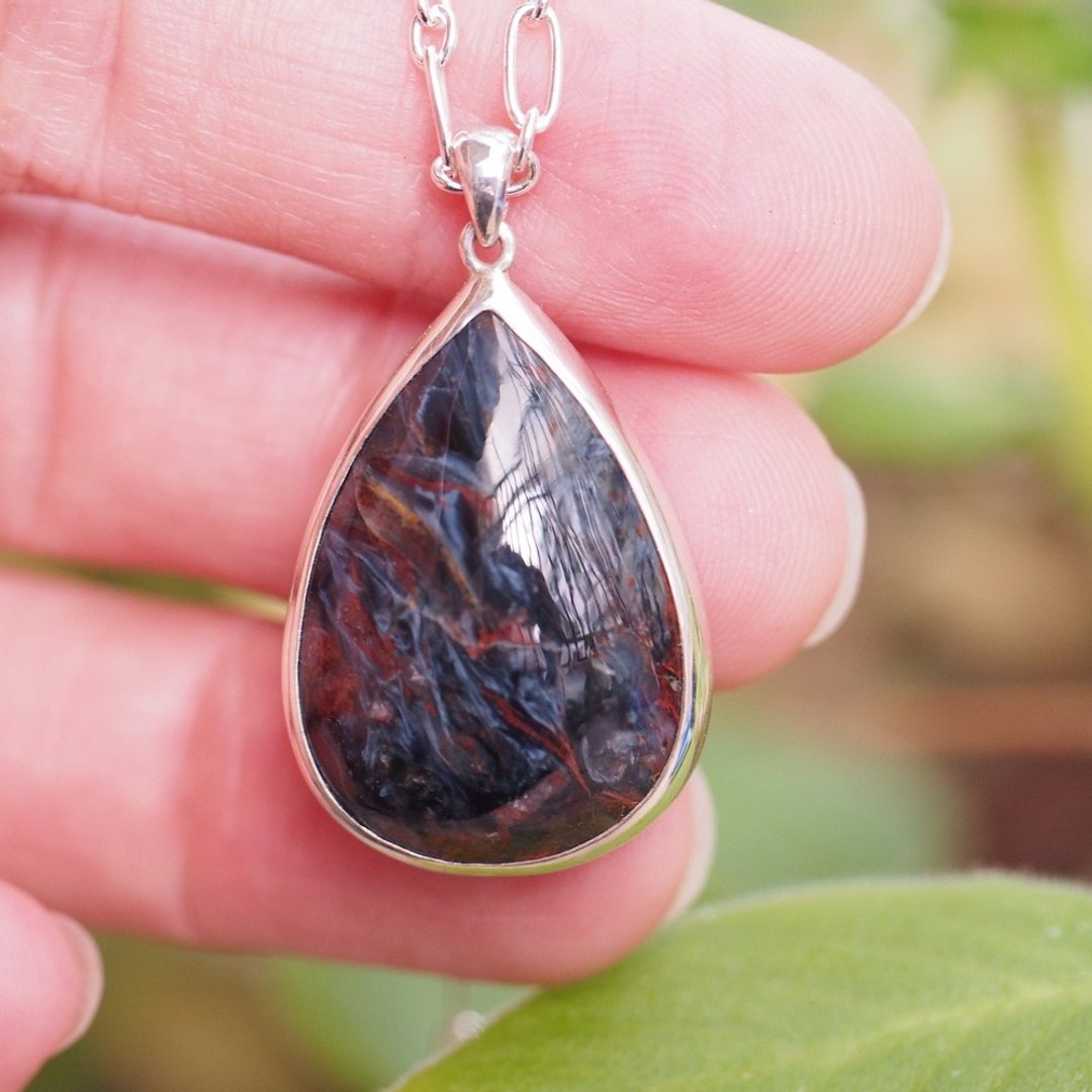 彼得石 Pietersite 风暴石 金丝碧玉 手工纯银项链 含银链 - 项链 - 半宝石 蓝色