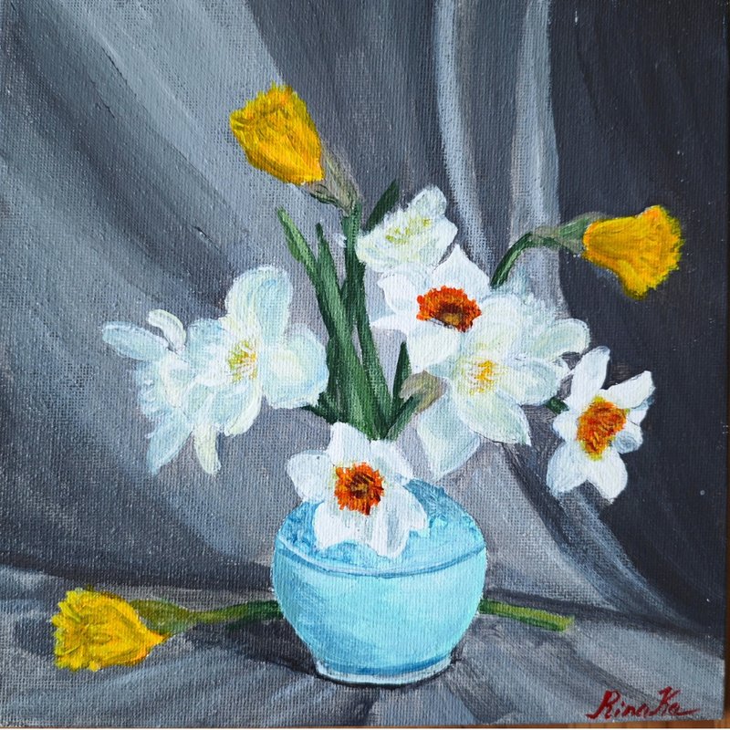 瓶中水仙花花卉绘画原创裱框艺术手绘画 作者 RinaArtSK - 墙贴/壁贴 - 其他材质 多色
