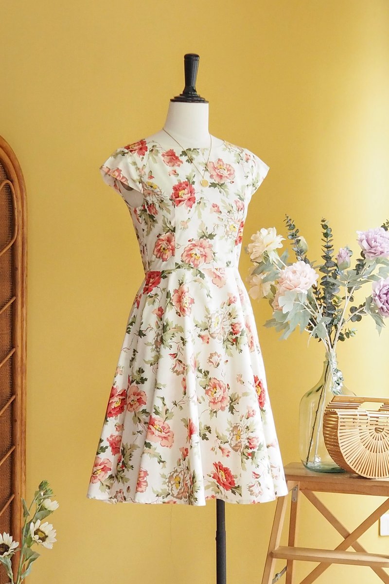 古著洋裝 | Size S Light cream with floral pattern very - 洋装/连衣裙 - 棉 白色