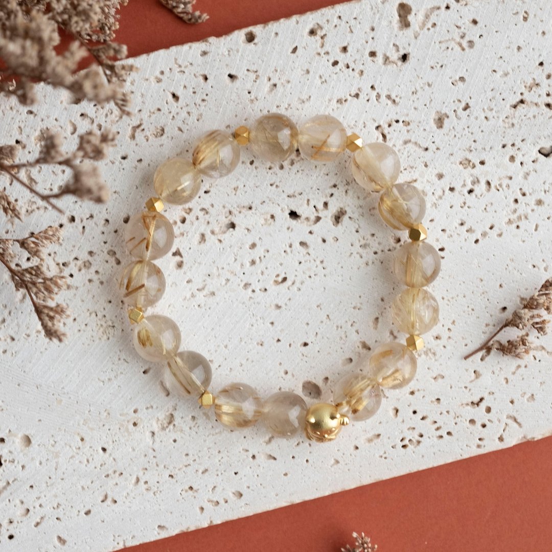 财福双收丨哑金金发晶x砂金招财猫丨天然矿石水晶手环手链礼物 - 手链/手环 - 水晶 黄色