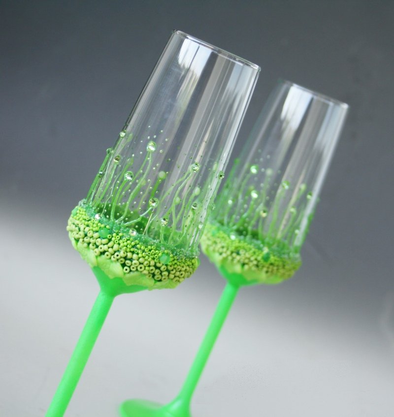Neon Green Wedding Glasses, Romantic, Mr and Mrs, Hand Painted Set of - 酒杯/酒器 - 玻璃 绿色