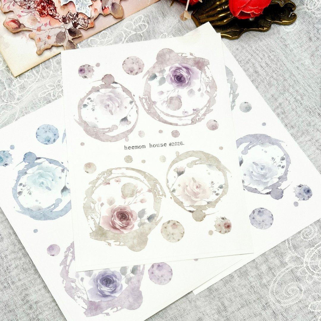 水彩玫瑰咖啡雾面贴纸 - 纸胶带 - 纸 白色