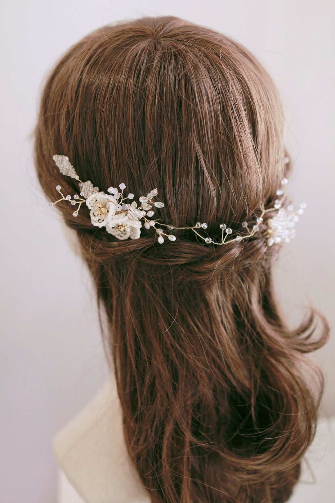新娘头饰 - 华丽串珠花型款 Boho Bridal Headpiece(一套3件) - 发饰 - 玻璃 白色